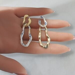 Gold Abstract Earrings with Blue & White Enamel